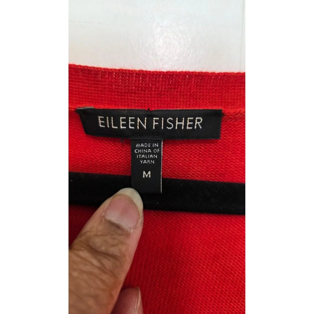 Eileen Fisher Cardigan‎ Womens Medium Red Merino Wool Longline V-Neck Sweater